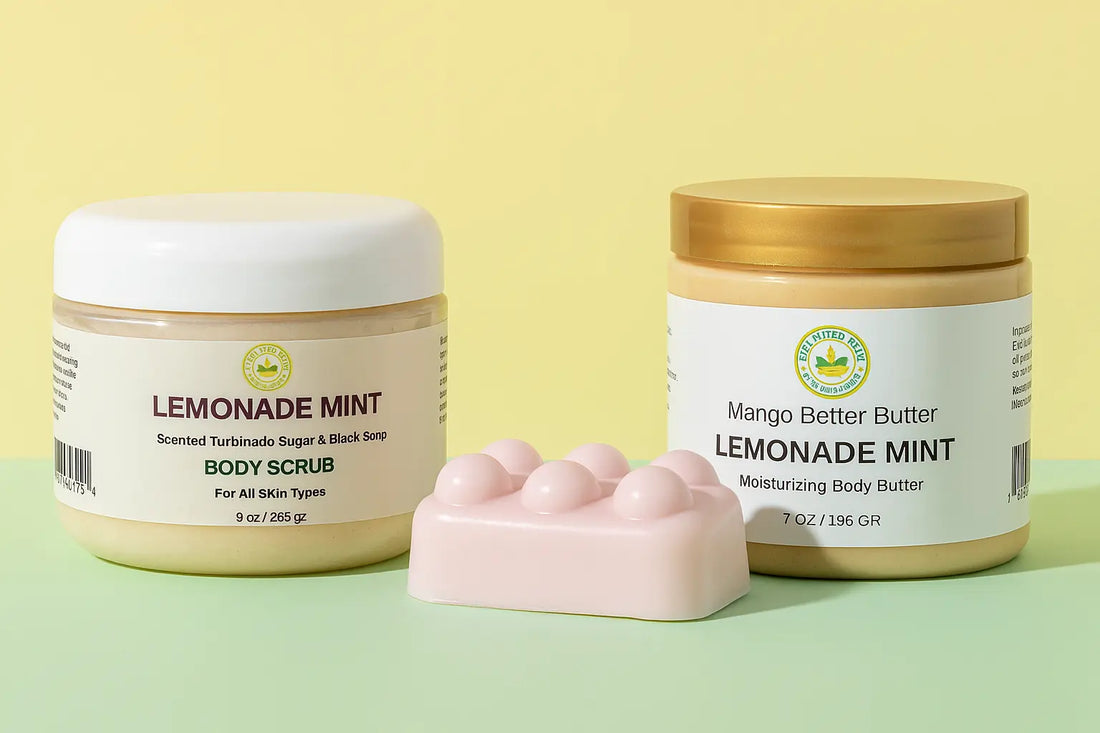 Lemonade Mint Trio skincare set with sugar scrub, body butter, and massage soap in summer sun