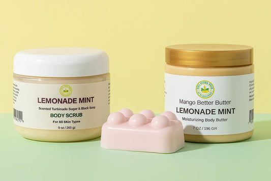Lemonade Mint Trio skincare set with sugar scrub, body butter, and massage soap in summer sun