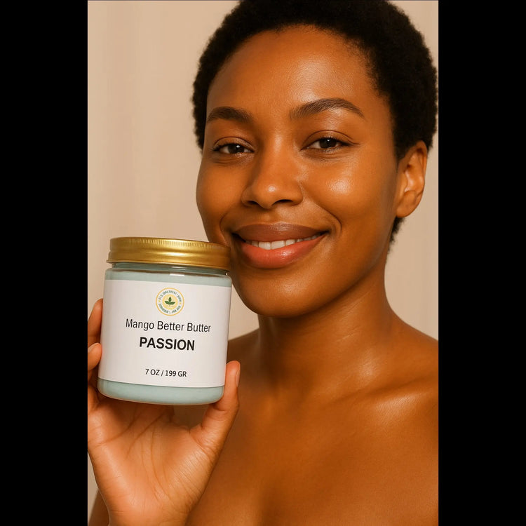 "Collage of Mango Better Butter body butters in Tropical Fruit, Cashmere Cream, Oatmeal Milk & Honey, Bamboo Teak, and Passion scents. A rich blend of shea and mango butter for deep hydration and smooth, nourished skin."