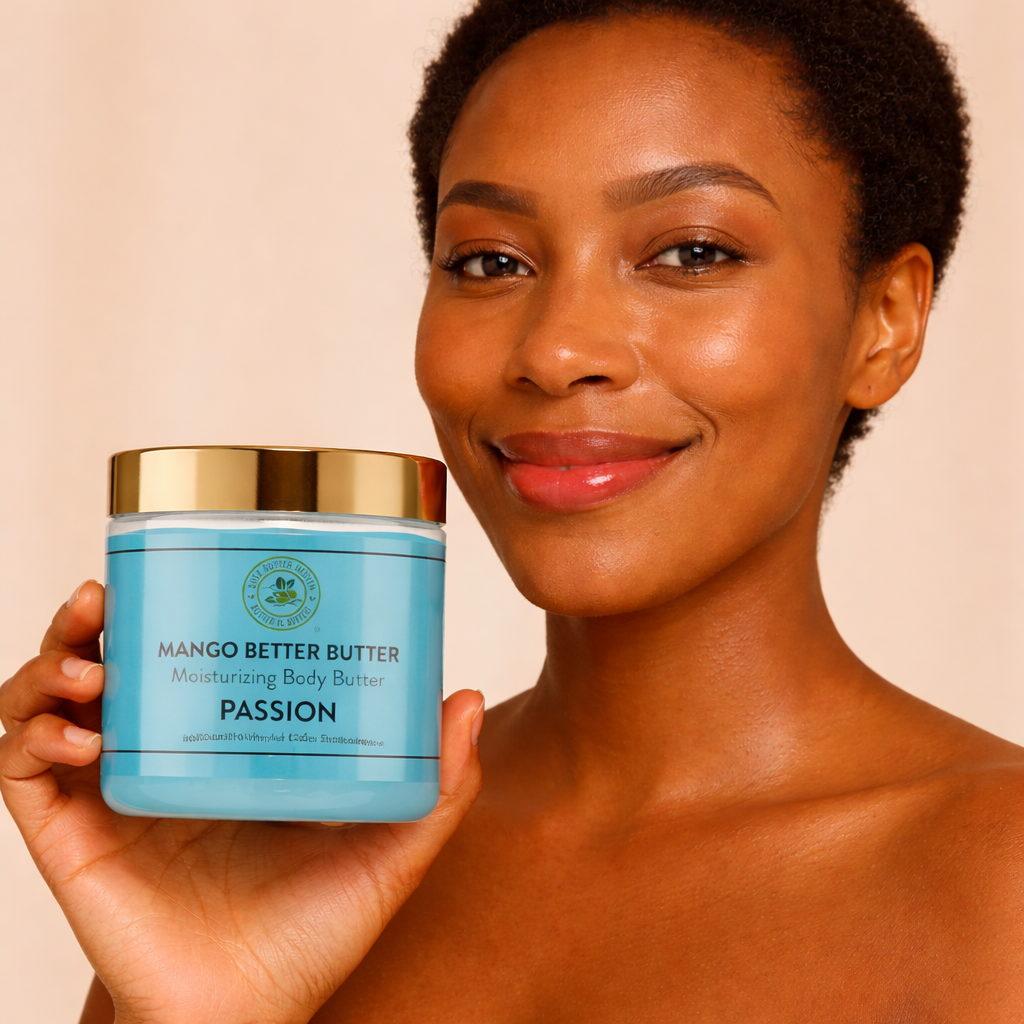 "Collage of Mango Better Butter body butters in Tropical Fruit, Cashmere Cream, Oatmeal Milk & Honey, Bamboo Teak, and Passion scents. A rich blend of shea and mango butter for deep hydration and smooth, nourished skin."