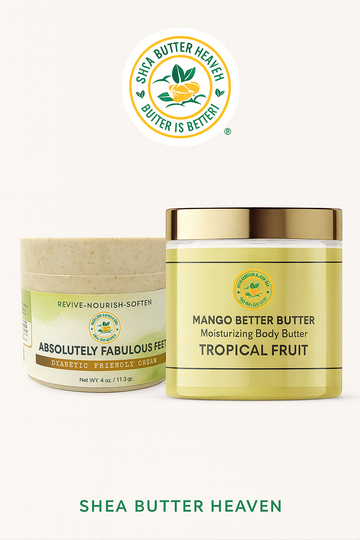 “Moisturizing skincare bundle with diabetic-friendly foot cream and tropical mango body butter for dry skin, hydration, and self-care.”
