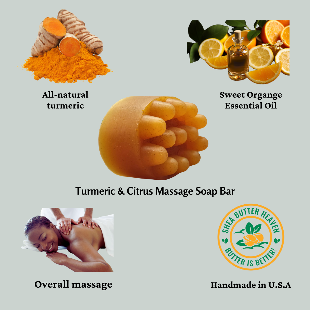 "Experience the perfect blend of exfoliation and relaxation with our Sweet Orange-scented Turmeric & Pumice Massage Soap."