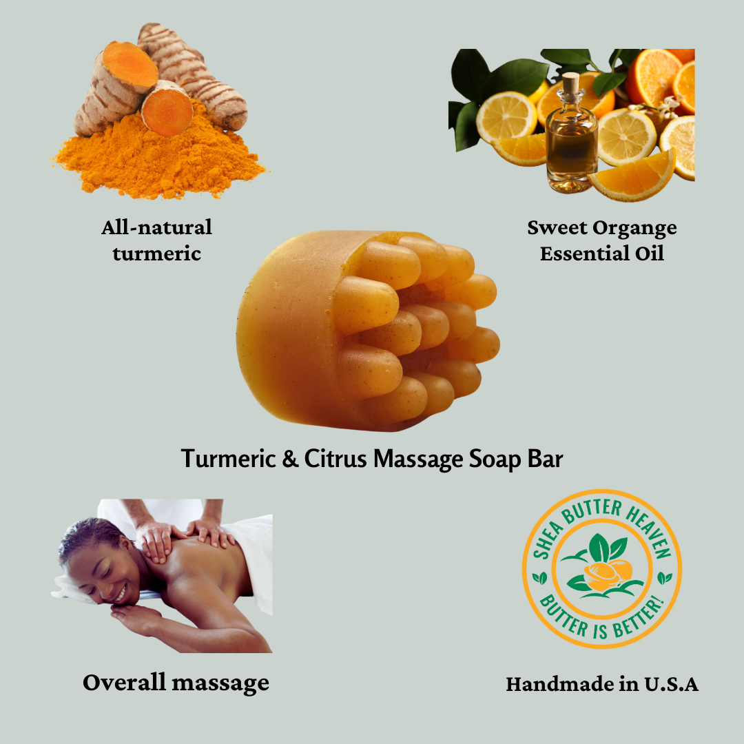 "Indulge in a rejuvenating spa-like experience with our Turmeric & Pumice Massage Soap, infused with the refreshing scent of sweet oranges."