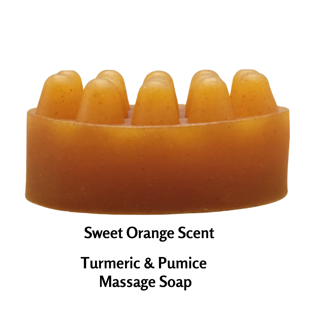 "Revitalize your skin and soothe your senses with our Turmeric & Pumice Massage Soap, featuring the invigorating aroma of sweet orange essential oil."