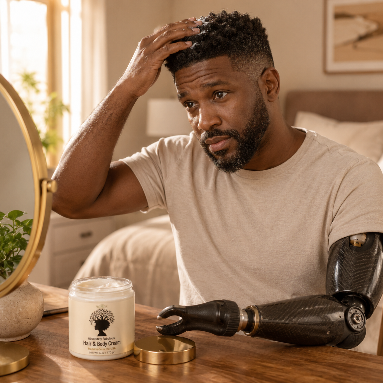 Black man in his 40s with a prosthetic arm applying Absolutely Fabulous Hair & Body Cream to his natural curls at a bedroom vanity in warm morning light with the cream jar open nearby.
