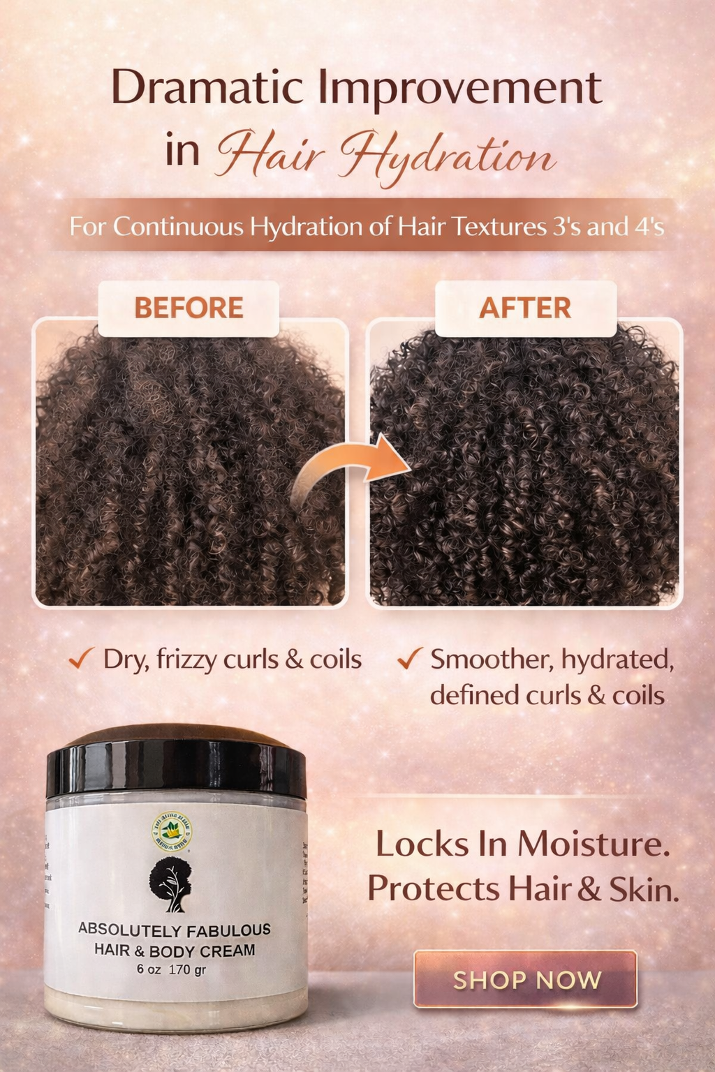 Before and after hydration results using Absolutely Fabulous Hair and Body Cream for curly and coily hair textures 3 and 4 by Shea Butter Heaven