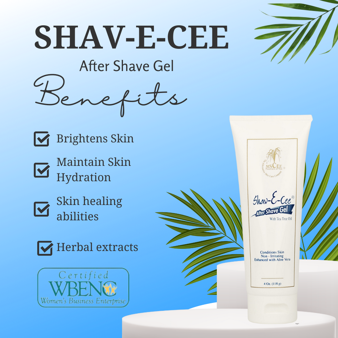 Shav-e-cee after shave gel benefits are to brighten skin, moisturize, ,heal, contains herbal extracts