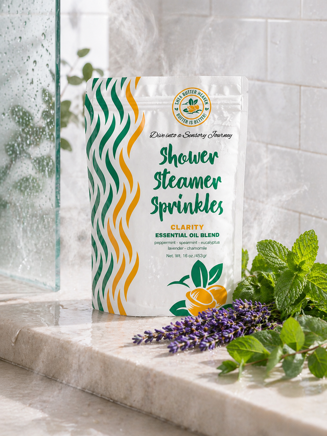 Clarity Shower Steamer Sprinkles by Shea Butter Heaven — pouch in an airy shower with mint and lavender steam rising in a spa setting