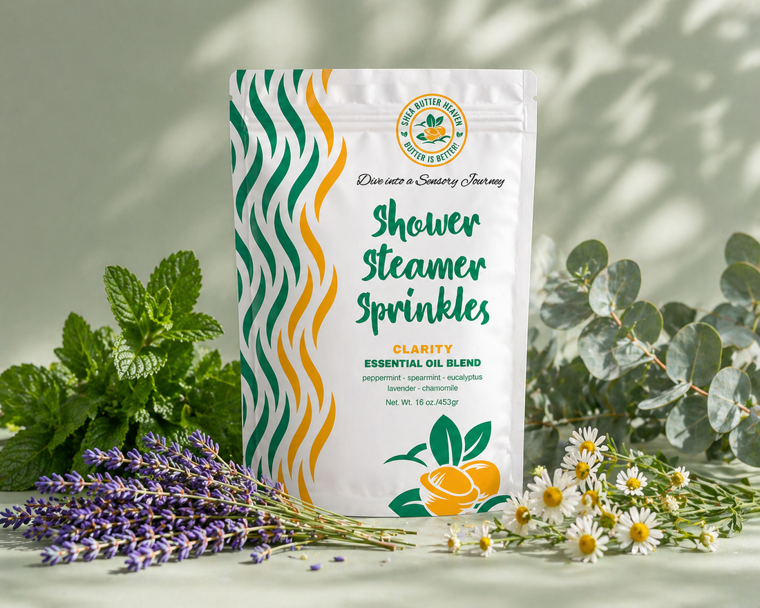 Clarity Shower Steamer Sprinkles by Shea Butter Heaven — 12-oil blend with peppermint eucalyptus lavender and spearmint front view