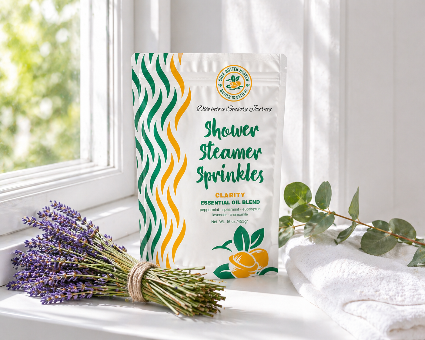 Clarity Shower Steamer Sprinkles pouch on a sunlit windowsill with lavender bundle, eucalyptus, and white linen in a fresh morning spa setting