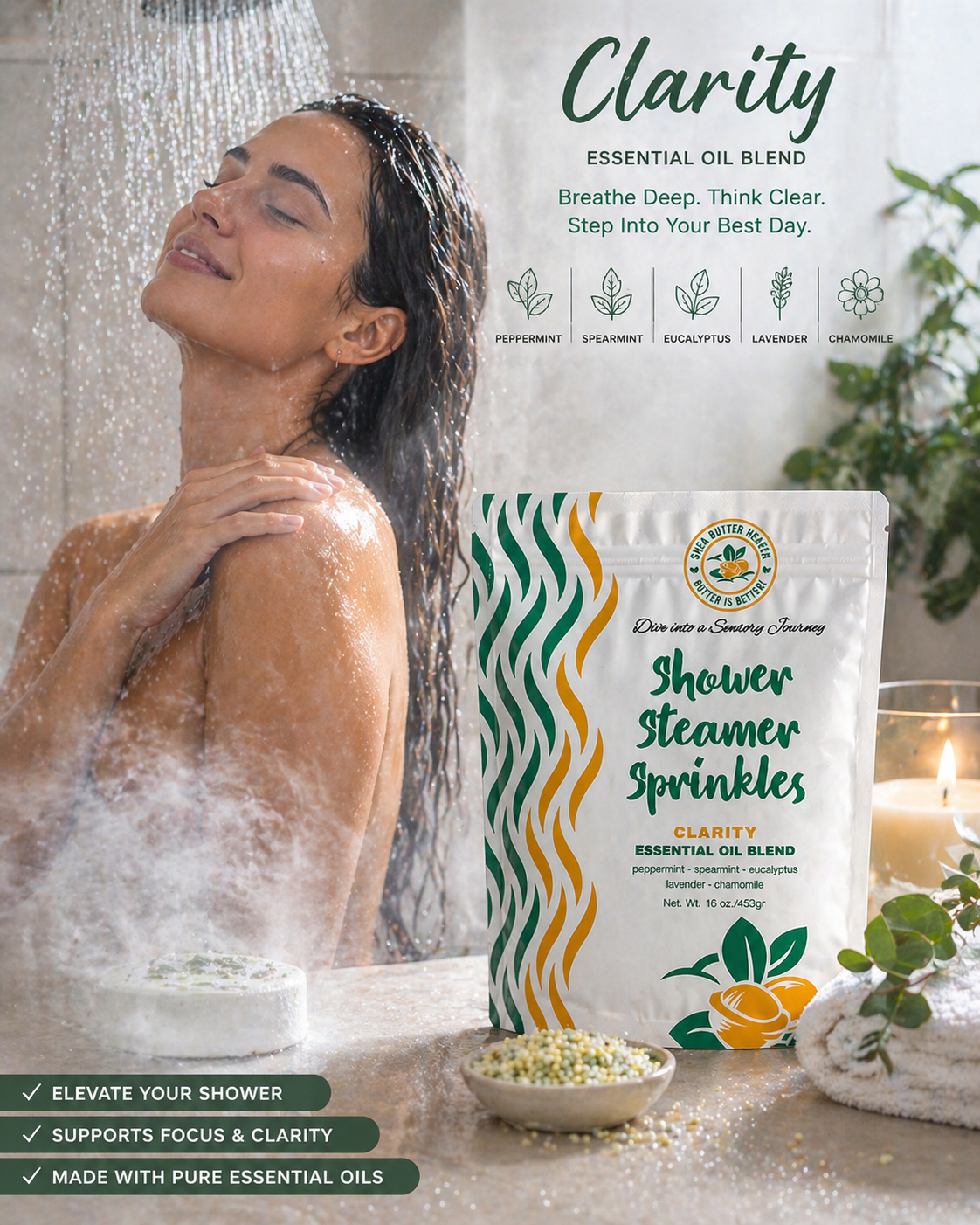 Woman enjoying a steamy shower with Clarity Shower Steamer Sprinkles pouch displayed, surrounded by steam, candlelight, and fresh botanical elements in a luxury spa setting