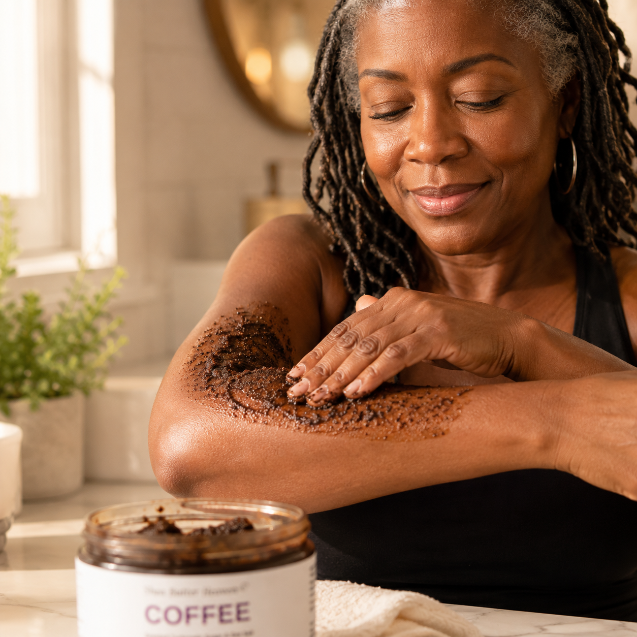 Black woman in her 50s with silver-streaked locs applying Shea Butter Heaven Coffee Body & Scalp Scrub to her forearm in a bright luxury bathroom with warm natural light and visible coffee scrub texture.