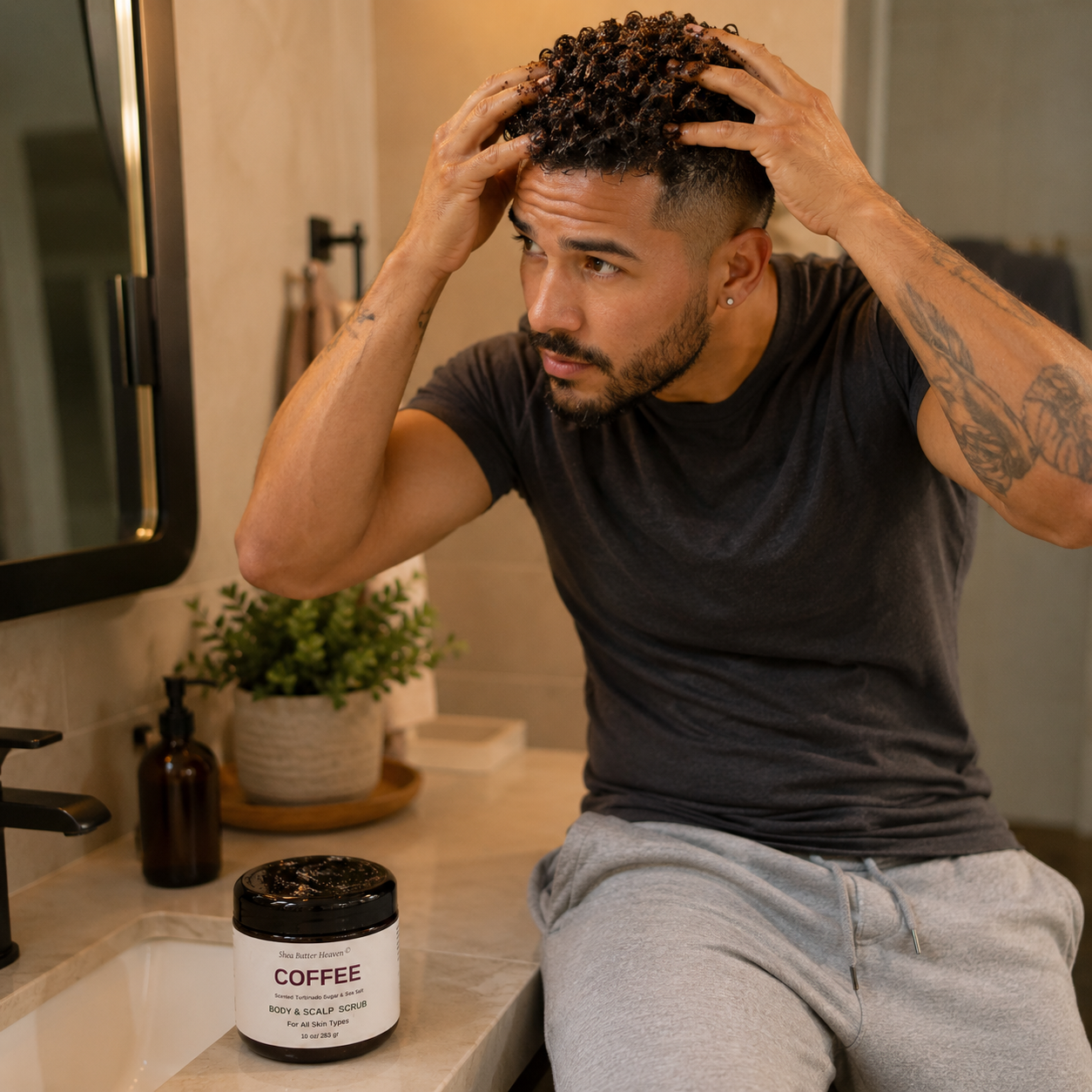 Latino man in his 30s applying Shea Butter Heaven Coffee Body & Scalp Scrub to his scalp during a relaxed grooming routine in a warm modern bathroom with the scrub jar visible on the counter.