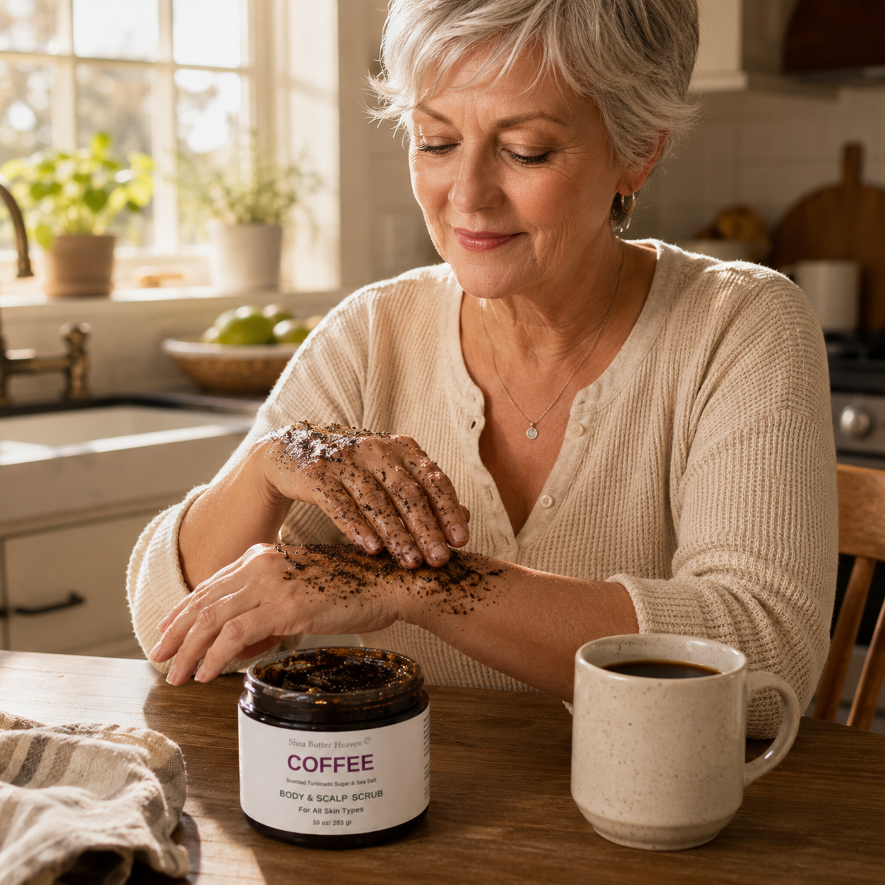 White woman in her 60s with short silver hair applying Shea Butter Heaven Coffee Body & Scalp Scrub to her hands at a sunlit kitchen table with a mug of black coffee and the scrub jar nearby.