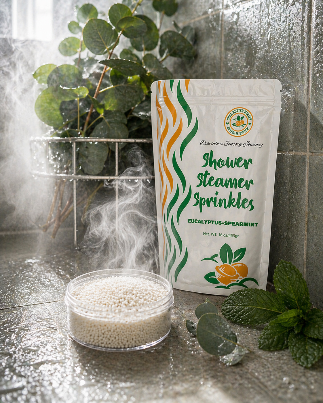 Eucalyptus Spearmint Shower Steamer Sprinkles pouch displayed in a steamy shower with activated bowl releasing vapor and fresh eucalyptus and mint leaves for a refreshing aromatherapy routine