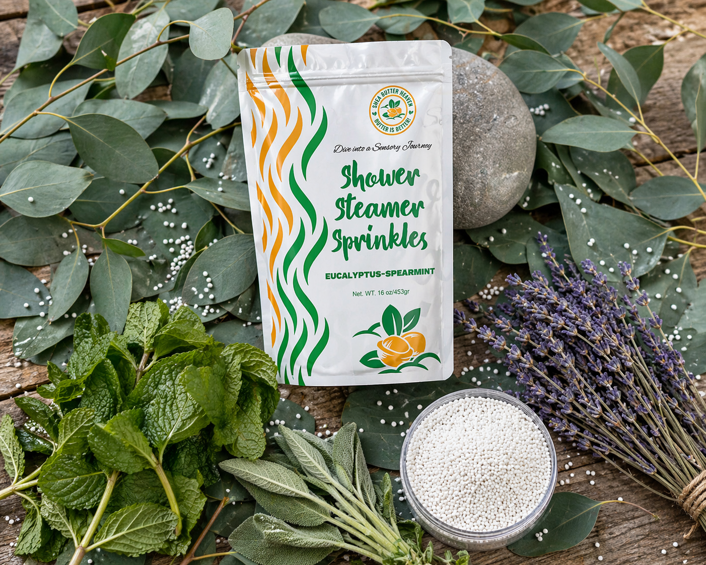 Eucalyptus Spearmint Shower Steamer Sprinkles pouch displayed on eucalyptus leaves with fresh mint sage lavender and bowl of granules on a natural wood surface for a refreshing aromatherapy routine