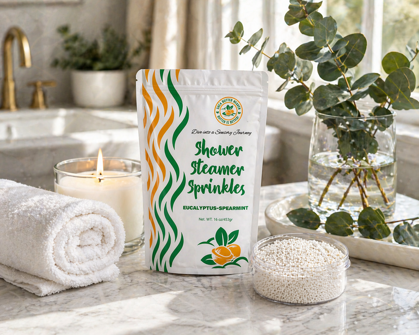 Eucalyptus Spearmint Shower Steamer Sprinkles pouch displayed on a bathroom vanity with bowl of granules lit candle rolled towel and eucalyptus stems for a calming morning self care routine