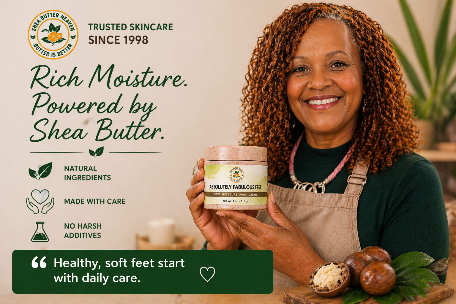 Shea Butter Heaven founder holding foot cream for dry cracked heels trusted skincare brand promoting soft healthy feet daily care