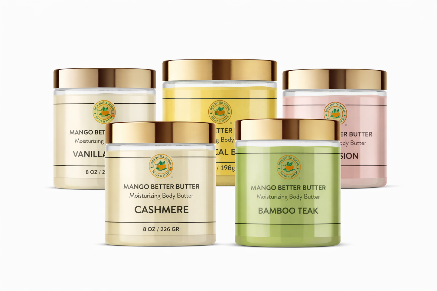 Five jars of Shea Butter Heaven Mango Better Butter moisturizing body butter in Vanilla Bean, Cashmere, Tropical Fruit, Passion, and Bamboo Teak scents displayed on a white background.