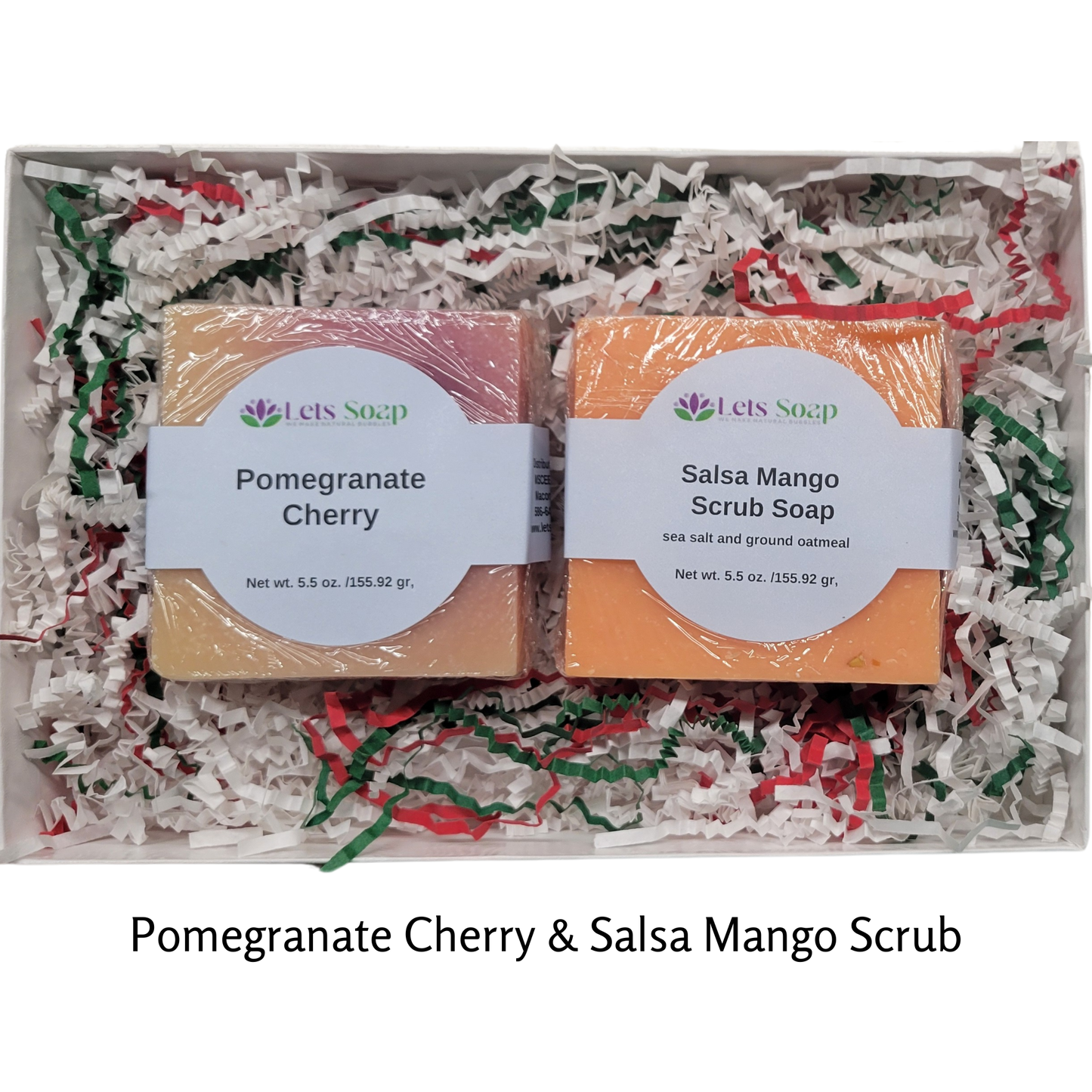 Experience the Sensational Fusion of Fruity Delights with Our Handmade Bar Soap Set: Pomegranate Cherry and Salsa Mango Scrub.  2 4.5 oz soaps