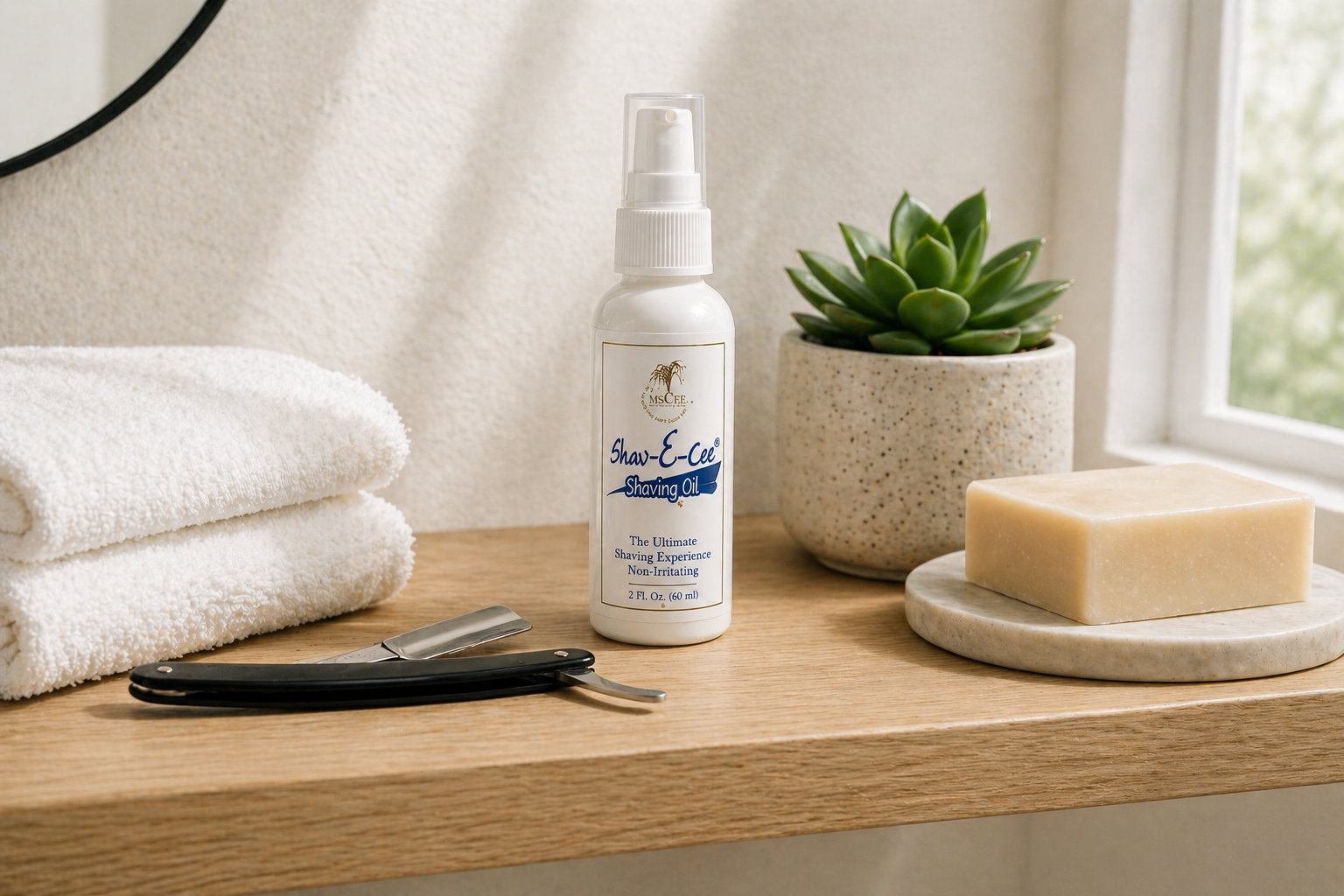 Shav-E-Cee Shave Oil bottle on white oak bathroom shelf with straight razor, folded towel, and ceramic succulent pot — by Shea Butter Heaven
