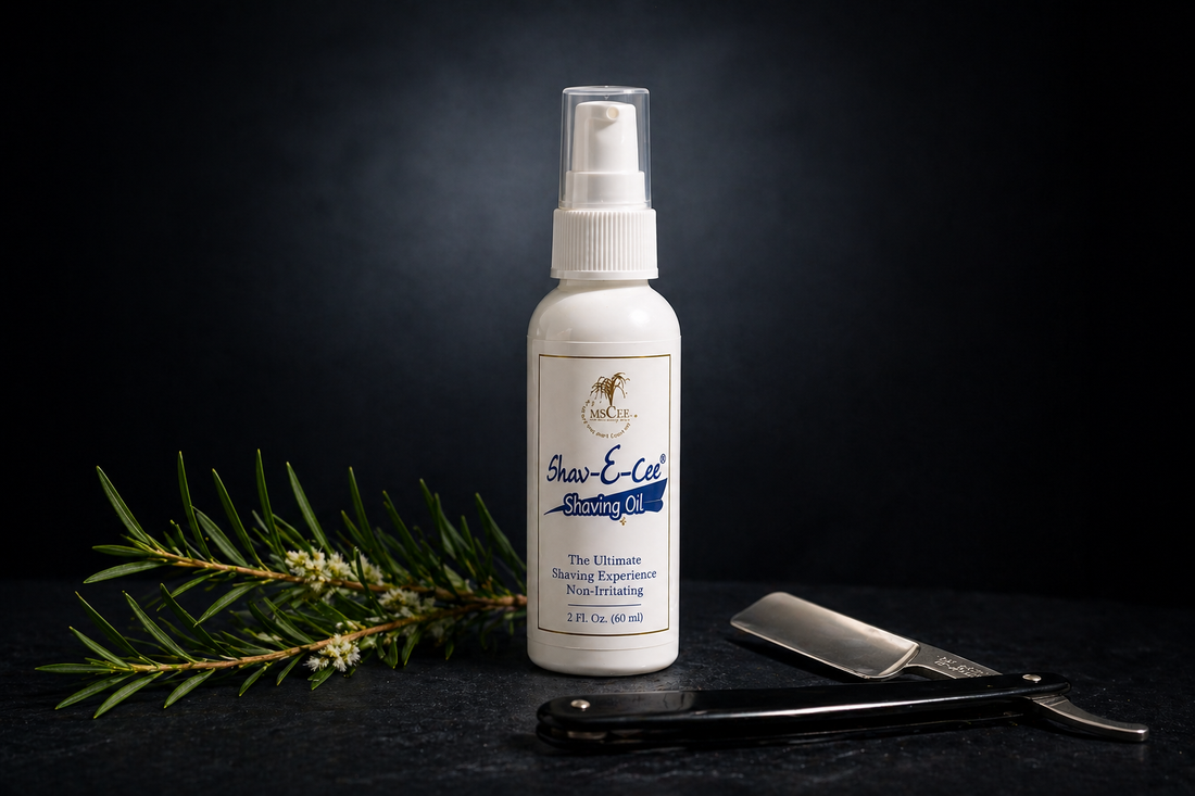 Shav-E-Cee Shave Oil by Shea Butter Heaven — lightweight natural essential oil formula for a smooth comfortable shave, suitable for all skin types