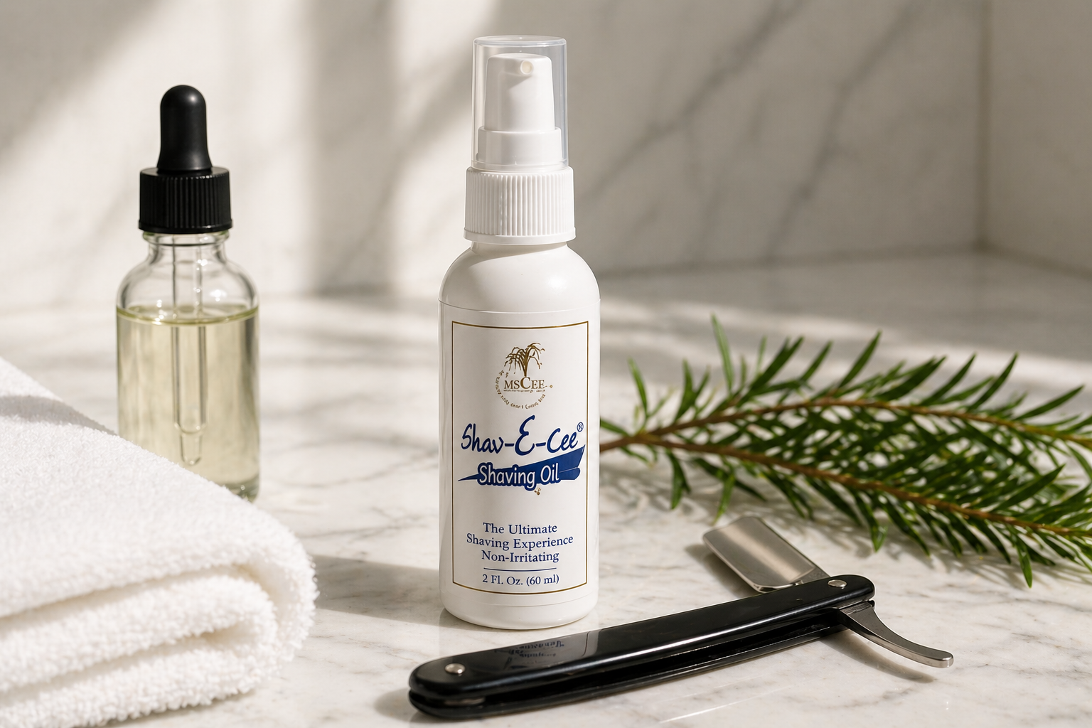 Shav-E-Cee Shave Oil bottle on white marble surface with straight razor, tea tree sprigs, and white linen towel — by Shea Butter Heaven