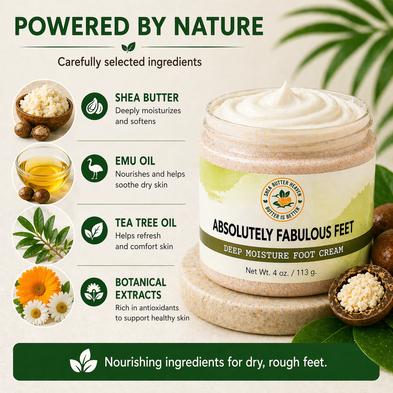 shea butter emu oil and tea tree oil ingredients in foot cream for dry cracked heels moisturizing rough skin