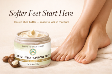 Open jar of Shea Butter Heaven Absolutely Fabulous Feet Foot Cream showing rich poured texture with smooth moisturized feet on a warm cream background for luxury foot care banner