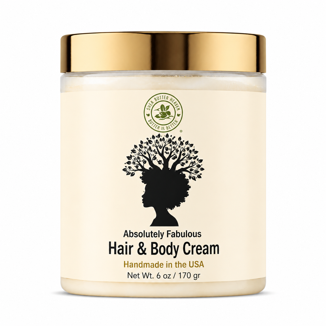 Shea Butter Heaven Absolutely Fabulous Hair & Body Cream in a clear 6 oz jar with a gold lid and cream-colored label featuring a black natural hair silhouette tree design on a white background.