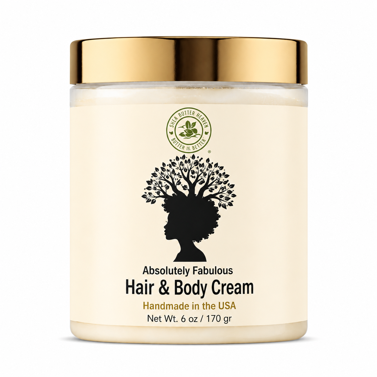Shea Butter Heaven Absolutely Fabulous Hair & Body Cream in a clear 6 oz jar with a gold lid and cream-colored label featuring a black natural hair silhouette tree design on a white background.