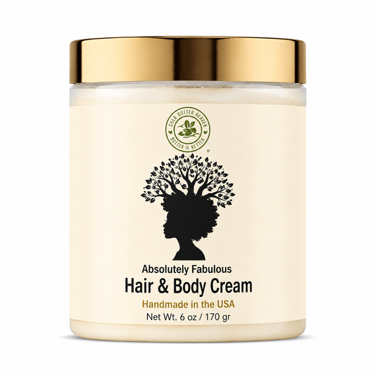 Shea Butter Heaven Absolutely Fabulous Hair & Body Cream in a clear 6 oz jar with a gold lid and cream-colored label featuring a black natural hair silhouette tree design on a white background.