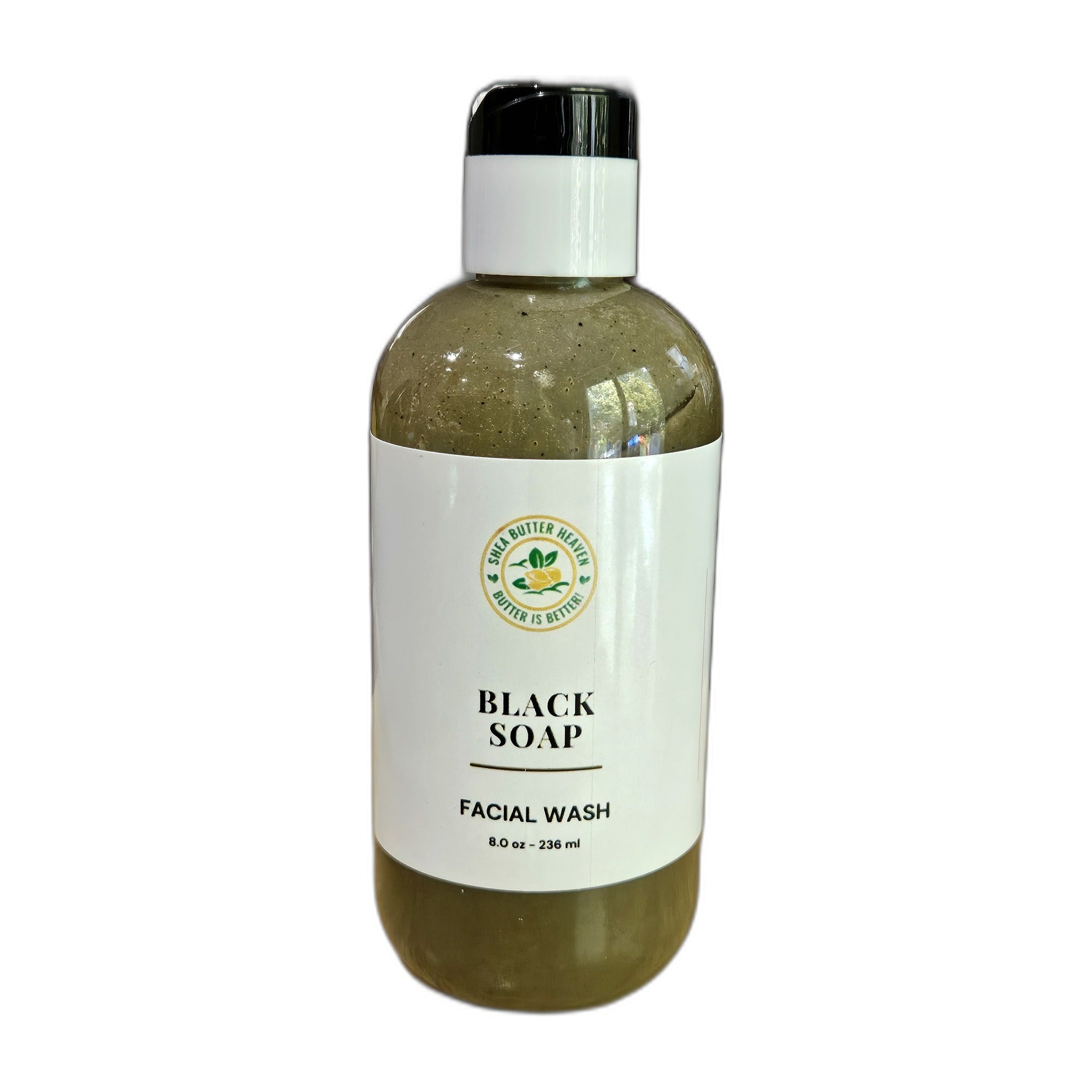 Shea Butter Heaven Black Soap Facial Wash, 8 oz bottle with tea tree and eucalyptus, shown on a clean white background.