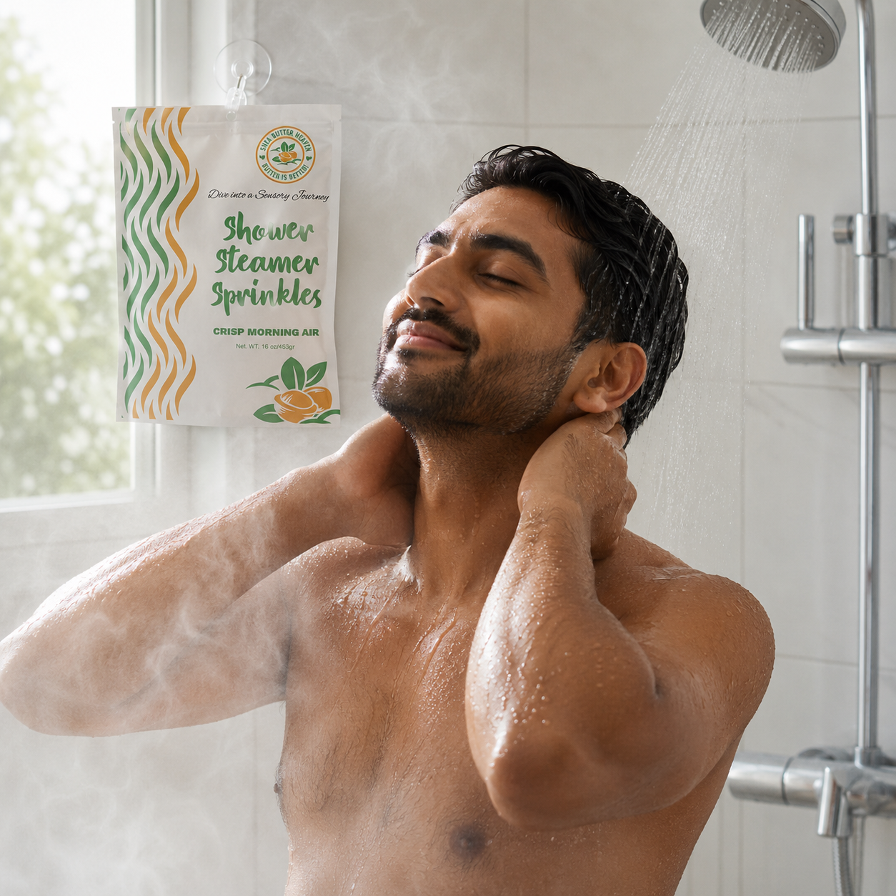 South Asian man in his 30s enjoying a steamy morning shower with Shea Butter Heaven Crisp Morning Air Shower Steamer Sprinkles 16 oz pouch displayed in a bright modern bathroom with natural light