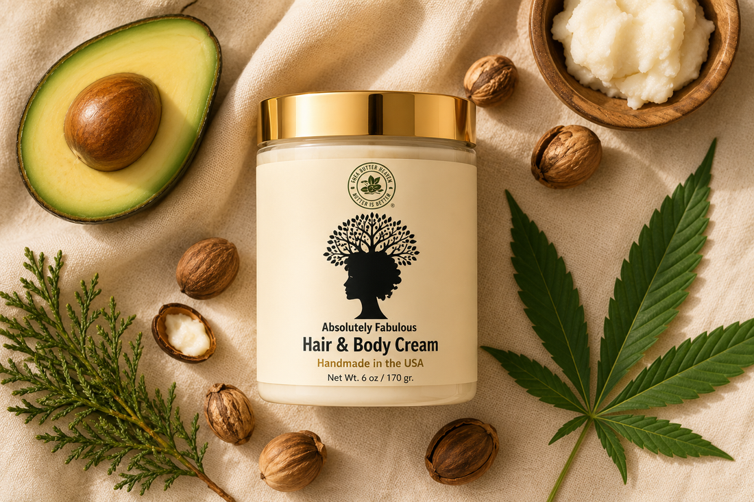 Shea Butter Heaven Absolutely Fabulous Hair & Body Cream in a clear 6 oz jar with a gold lid and cream-colored label featuring a black natural hair silhouette tree design on a white background.