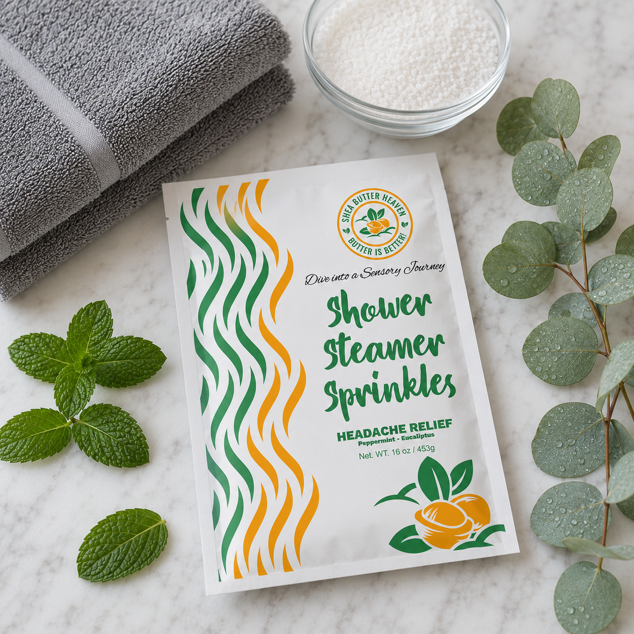 Shea Butter Heaven Headache Relief Shower Steamer Sprinkles 16 oz flat lay on white marble with peppermint leaves eucalyptus sprigs clear bowl of granules and folded grey spa towel