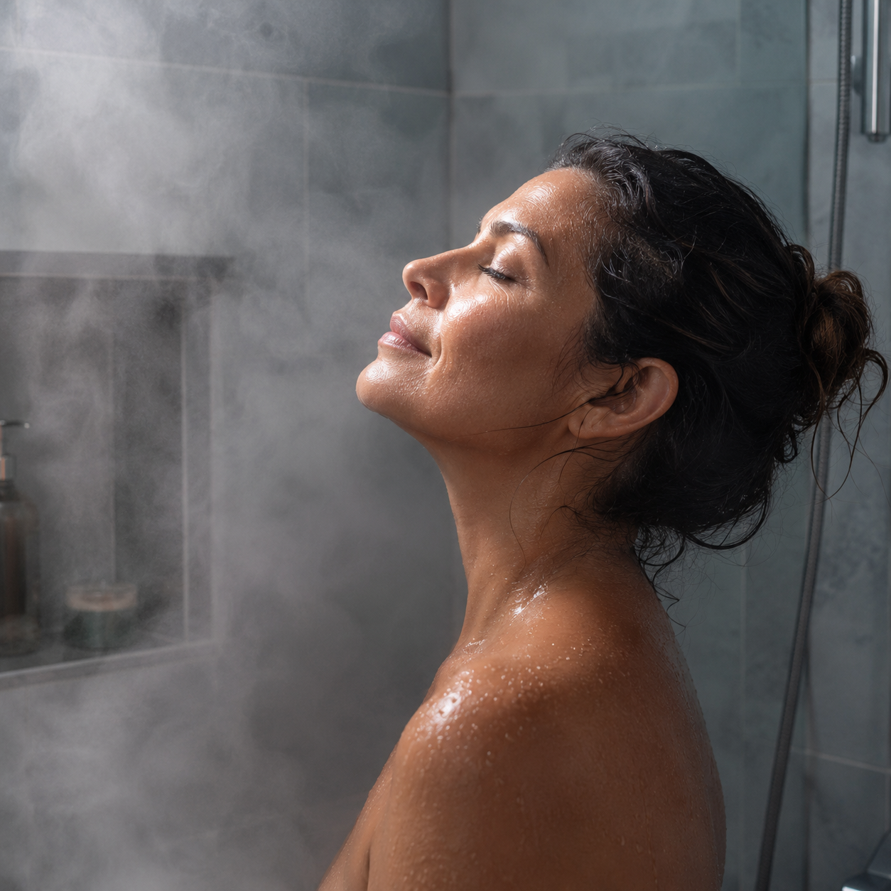 Latina woman in her 40s with hair up standing in a steamy shower eyes closed relaxed expression cool-toned tile warm light luxury spa self-care