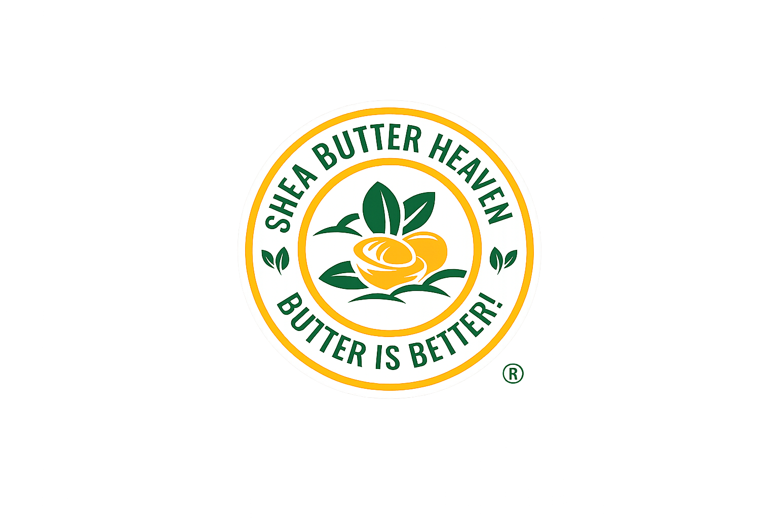Shea Butter Heaven logo with green and gold circular design featuring shea nut illustration and “Butter is Better” slogan on transparent background 400x200 px