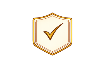 Minimal luxury skincare satisfaction guarantee icon featuring a gold shield with an ivory center panel and elegant gold checkmark on a transparent background.