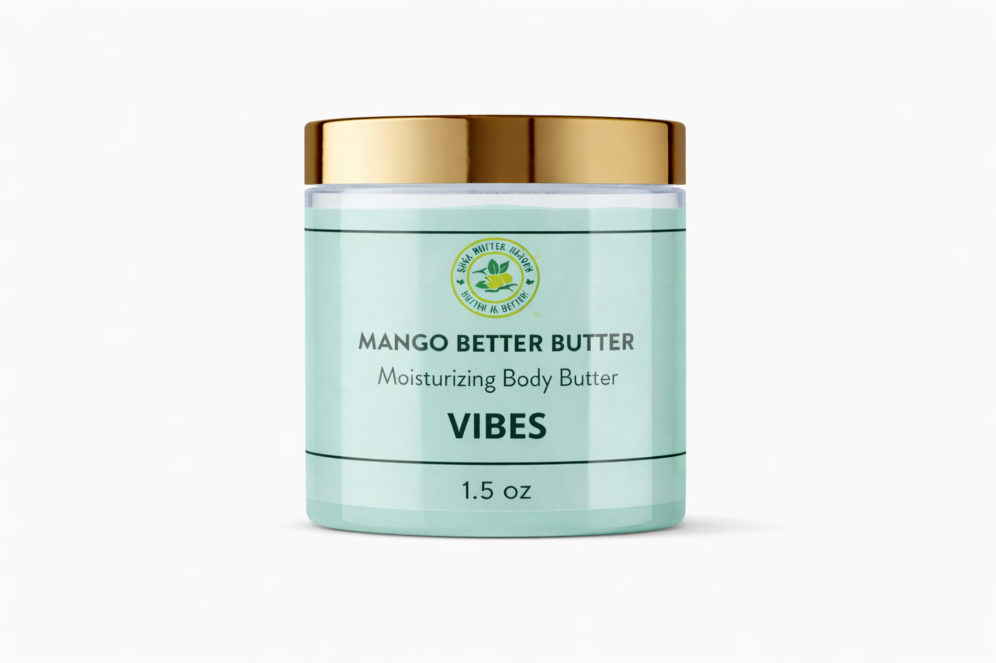 Angled view of Shea Butter Heaven Mango Better Butter Vibes 1.5 oz mini moisturizing body butter jar with gold lid on a white background.