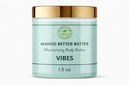 Close-up of Shea Butter Heaven Mango Better Butter Vibes 1.5 oz mini moisturizing body butter jar with gold lid on a white background.