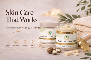 Luxury skincare banner featuring Shea Butter Heaven body butter open jar and foot cream jar with rich poured texture, shea butter pieces, and warm spa background highlighting real moisture powered by shea butter