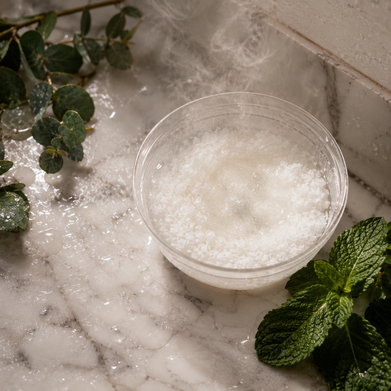 Clear bowl of activated Shea Butter Heaven Shower Steamer Sprinkles on a wet marble shower floor with eucalyptus sprigs and mint leaves releasing steam