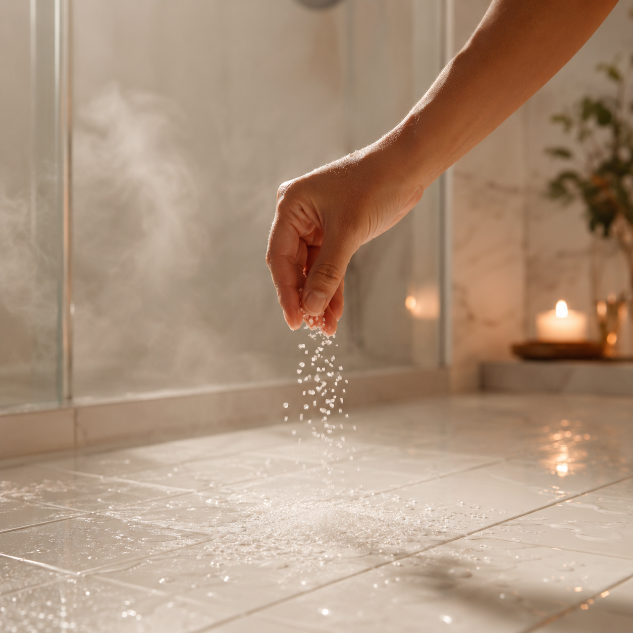 Hand sprinkling Shea Butter Heaven Shower Steamer Sprinkles onto a wet white tile shower floor with steam rising in a warm luxury spa bathroom
