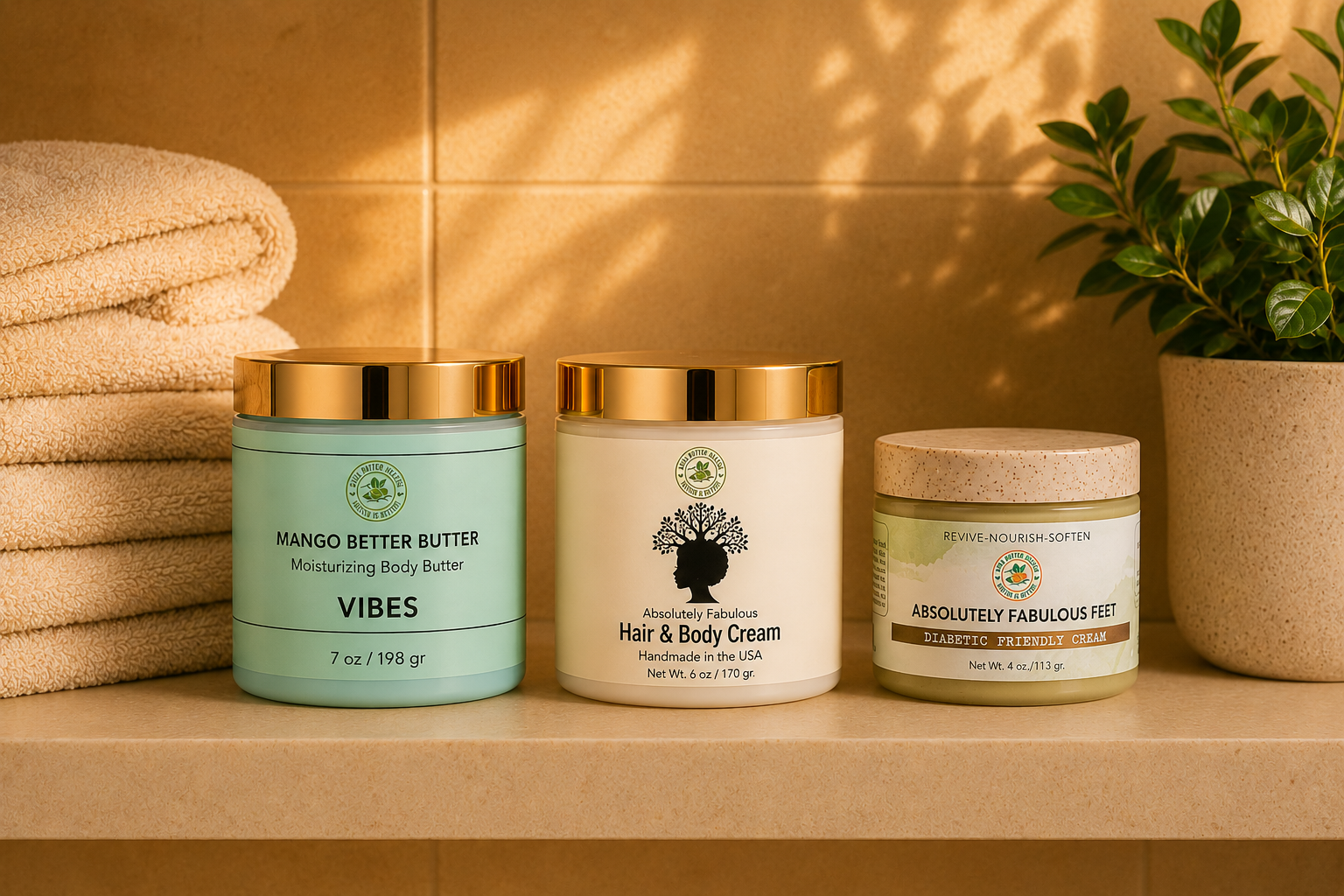 Shea Butter Heaven full body care routine — Mango Better Butter, Absolutely Fabulous Hair and Body Cream, and Absolutely Fabulous Feet cream displayed together on a warm bathroom shelf