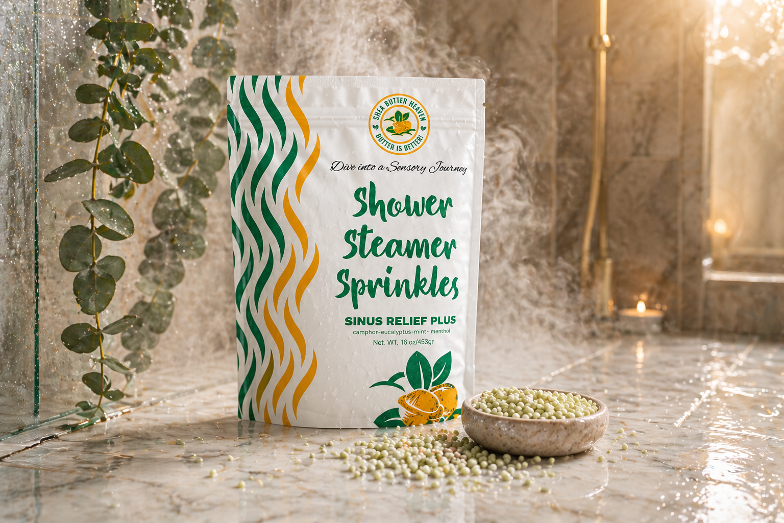 Sinus Relief Plus Shower Steamer Sprinkles pouch on a marble shower floor with steam, eucalyptus, and scattered sprinkles in a luxury spa setting