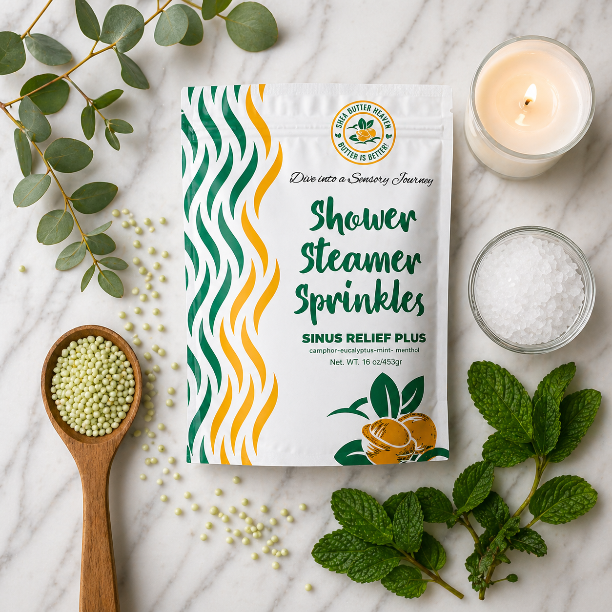 Sinus Relief Plus Shower Steamer Sprinkles pouch in a luxury spa flat lay on marble with eucalyptus, mint leaves, candle, and aromatherapy elements