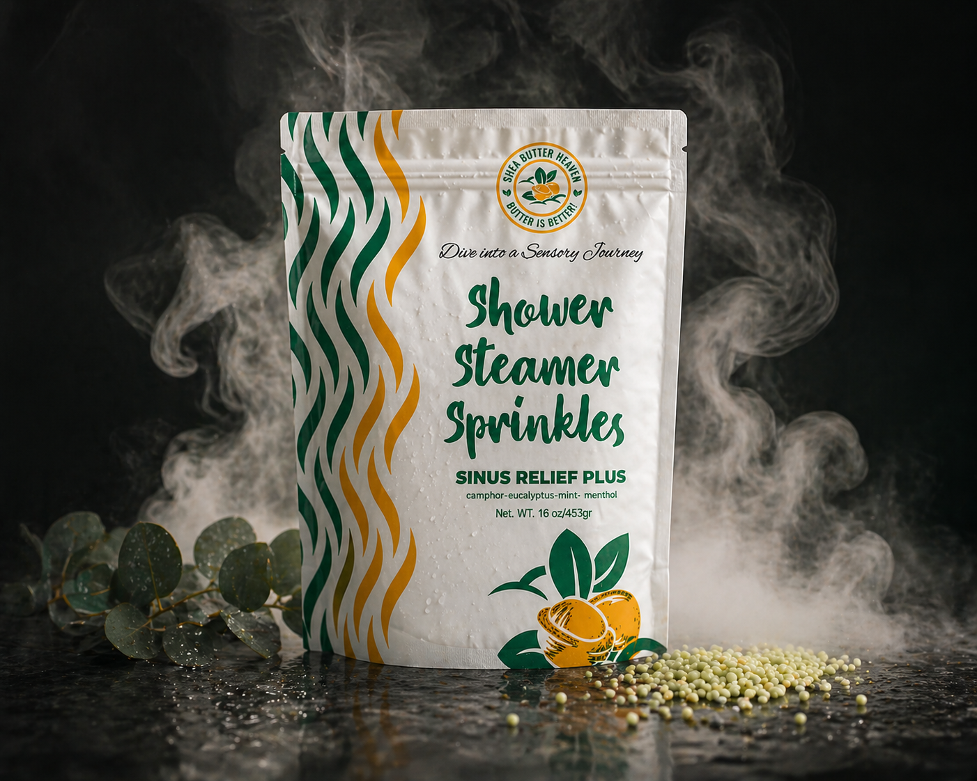Sinus Relief Plus Shower Steamer Sprinkles pouch with dramatic steam on a dark background creating a luxury spa aromatherapy experience