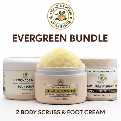 “Evergreen Bundle by Shea Butter Heaven featuring Lemonade Mint Sugar Scrub, Turmeric & Neem Sea Salt Scrub, and Diabetic-Friendly Foot Cream arranged under the Shea Butter Heaven logo.”