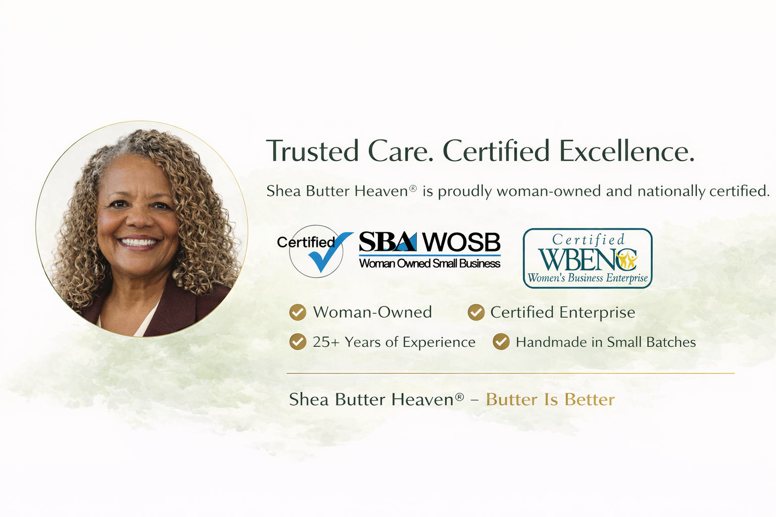 Woman-owned certified skincare brand founder of Shea Butter Heaven with national certifications